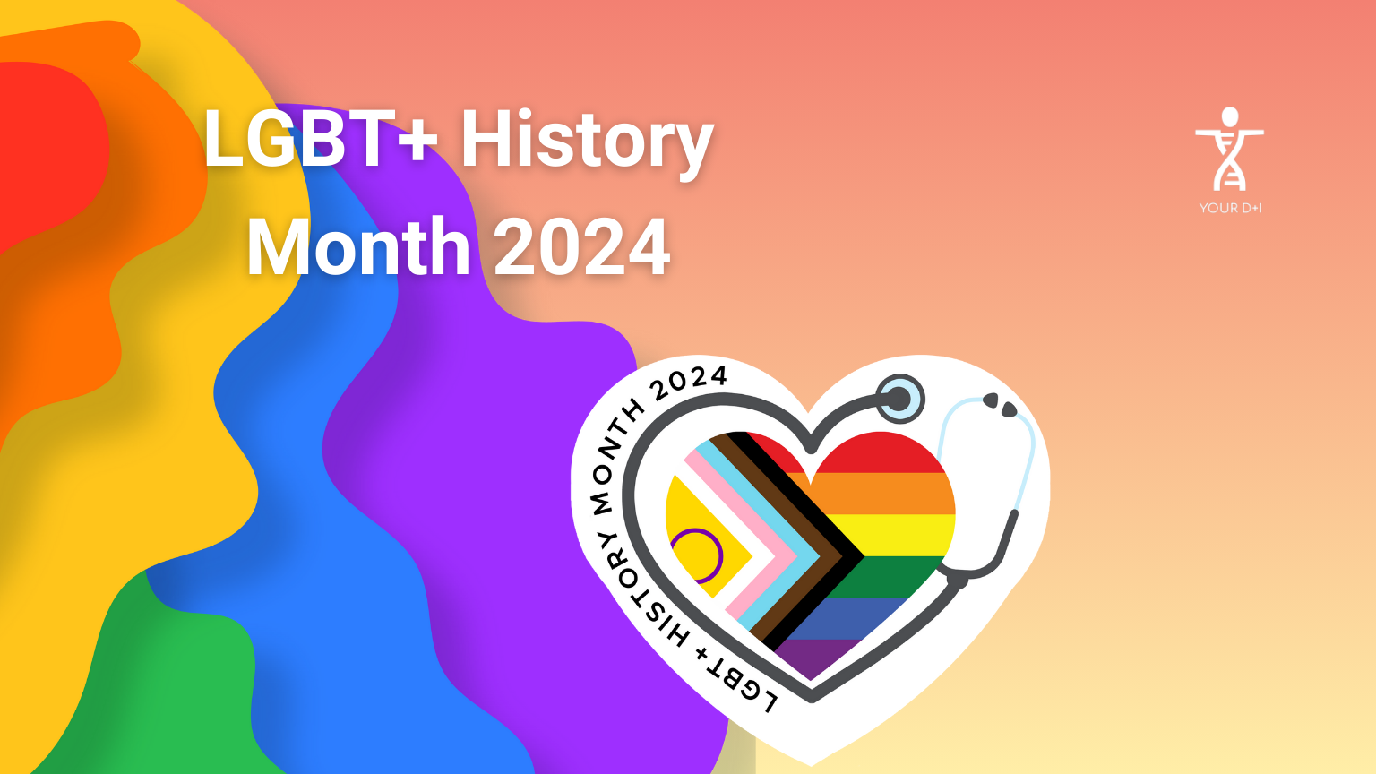 lgbt+ history month celebrating medicine. Logo showing pride colours and a stethoscope.